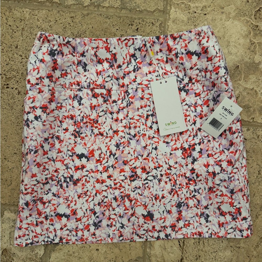 NWT SWING brand coral/red/dark grey stretch gold skirt, 2, $130